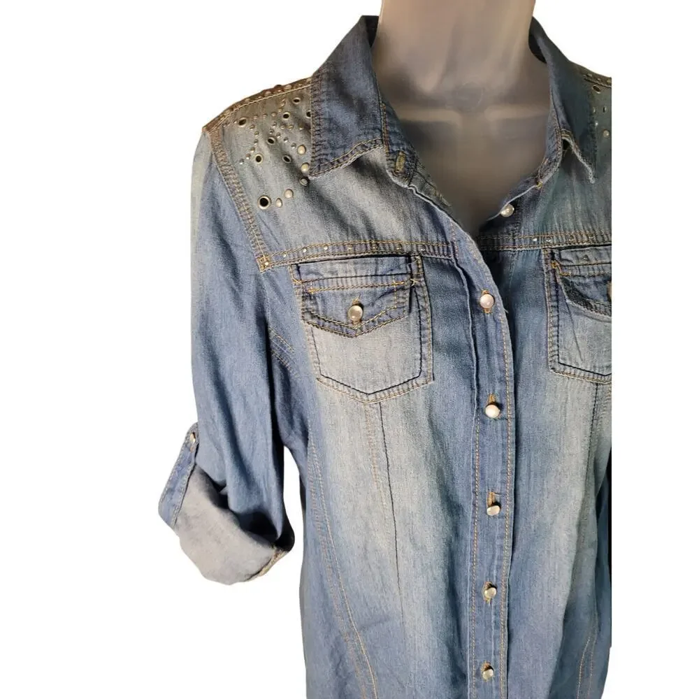 Jeans By Buffalo Denim Shirt Long or 3/4 Sleeve Studded Design New Sz M
